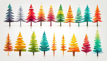 Abstract colorful christmas trees in a row isolated on white background. with soft reflection digital art