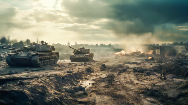 Thundering Tank on the Battlefield.  In the Heart of the Battle. Generative AI