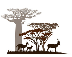 African savannah landscape with gazelles, antelopes silhouettes. Vector illustration.