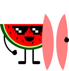 Kawaii watermelon mascot holding surf board