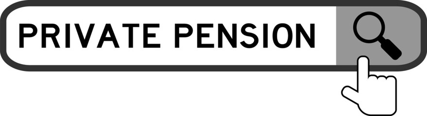 Search banner in word private pension with hand over magnifier icon on white background
