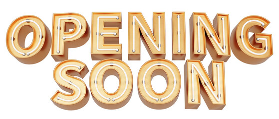 Golden 3d text with glowing neon tube. typography. 3D illustration. OPENING SOON.