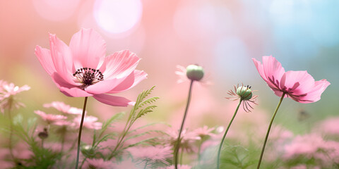 Soft, selective focus of cosmos, blurry flower for background, colorful plants AI Generated