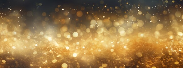 Obraz na płótnie Canvas Festive celebration holiday christmas, new year, new year's eve background banner template - Abstract gold glitter bokeh lights texture, de-focused (Generative Ai)