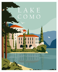 Fototapeta na wymiar Lake Como travel poster banner Italy