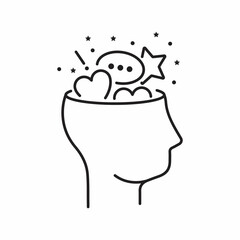 Creative thinking, imagination, genius, thought process. Half head with speech cloud, star, heart, crosses and signs, linear icon