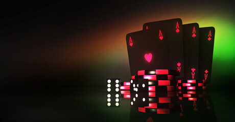 Casino online games, 3D graphics dark red aesthetic concept. Playing cards, poker chips, dices, a bet illustration background template, with copy space