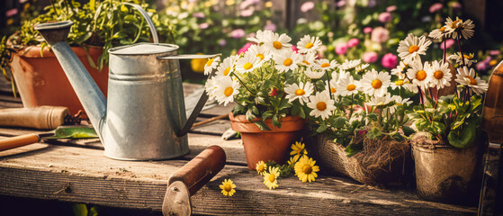 Spring flowers with the gardening tools in the garden. AI generated. - obrazy, fototapety, plakaty