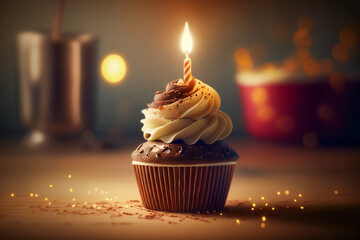 Sweet and Tempting Birthday Cupcake with Glowing Candle on Light Background . Generative AI