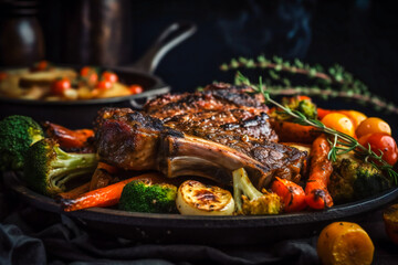 Fototapeta premium Tender pork ribs grilled to perfection and served with a mouthwatering array of fried vegetables cooked over an open fire. . Generative AI