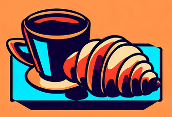 French croissant and coffee cup illustration, bold brutalist clipart style
