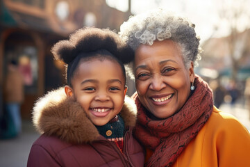 Portrait of a smiling black grandmother and granddaughter outdoors 