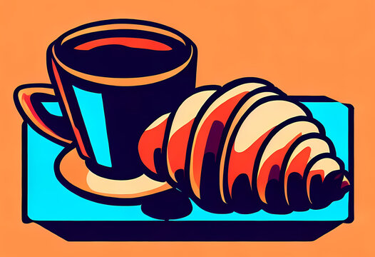 French Croissant And Coffee Cup Illustration, Bold Brutalist Clipart Style