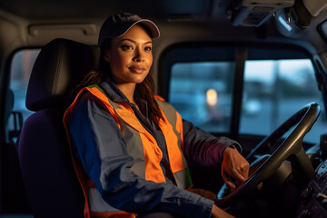 Female delivery truck driver sitting at the helm