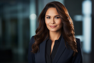 Hispanic female executive standing in a modern office setting, dressed in formal business attire.