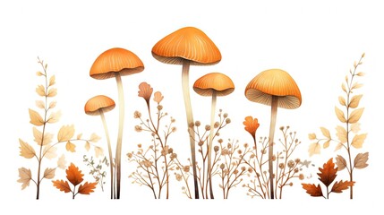 watercolor style illustration autumn season banner background, mushroom, dry, leaves, twigs and berries,  artwork isolated on white background, Generative Ai