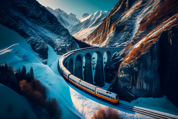 Landwasser Viaduct World Heritage with Train Express in Swiss Alps. Famous Mountain in Filisur with Train Express Passing Through. Generative AI