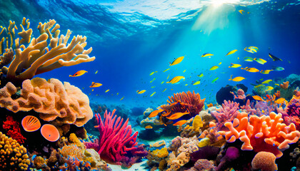 A Vibrant Underwater World of Colorful Tropical Fishes.  A Look into the Diverse and Complex Ecosystem of the Ocean. Generative AI