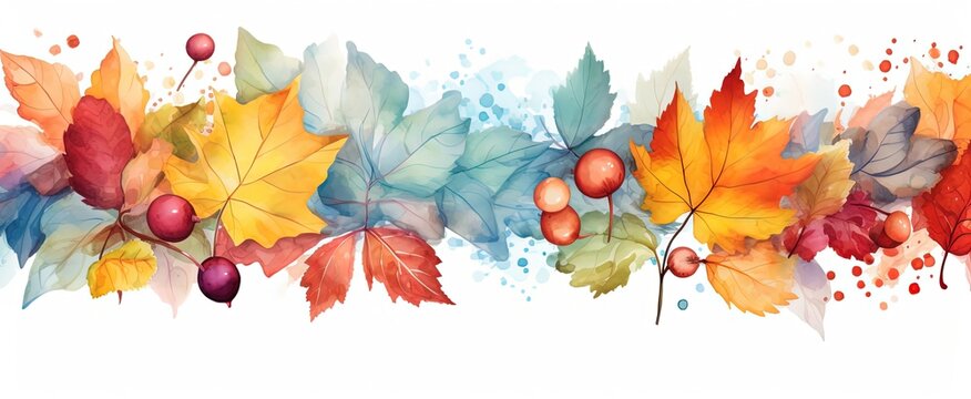 abstract Autumn foliage banner background, branch, twigs and berries, blue, orange color, Generative Ai