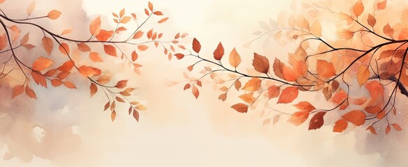 Naklejka na ściany i meble abstract Autumn foliage banner background, branch, twigs and berries, brown orange, Generative Ai
