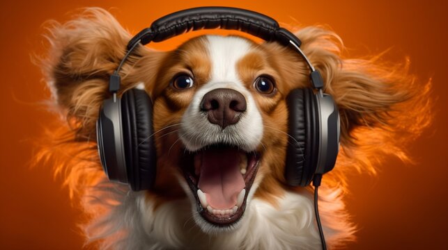 A dog listening to music with headphones on and really enjoying it, Generative AI
