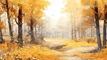 watercolor style illustration yellow Autumn woods banner background, Generative Ai