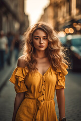 young beautiful caucasian woman in yellow dress walking in city center. AI Generated