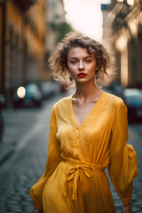 young beautiful caucasian woman in yellow dress walking in city center. AI Generated