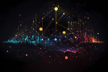 Abstract background of colored dots and lines on a black background - neural connections or statistical analysis