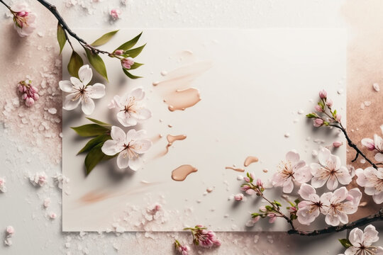 Cherry blossom or sakura closeup on table with copy space. Bloom spring garden floral top view flatlay for holiday banner. Generative AI

