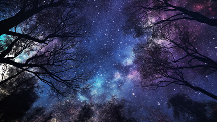 Night, milky way and stars in dark sky in nature, forest and woods for stargazing, astrophotography and science research. Ai generated planet, landscape and starry milkyway in evening environment