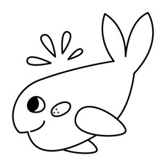 Cute whale doodle. Black and white vector illustration.