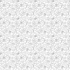 Seamless pattern with things about bedtime. Doodle black and white vector illustration.