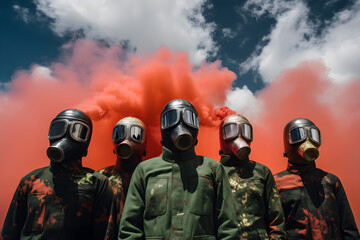 Naklejka premium A concept of post-apocalyptic post nuclear explosion survival. A person wearing a gas mask or an astronaut helmet surrounded by smoke bomb fumes, red and orange. Generative AI Technology