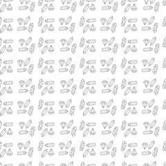 Seamless pattern with three different magic crystals. Doodle black and white vector illustration.