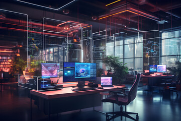 Modern neon cyberpunk open space office interior blurred with information technology overlay. Corporate strategy for finance, operations, marketing. Technology