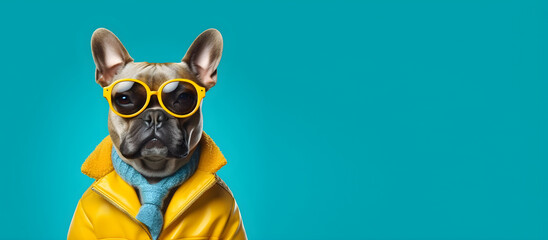 A portrait of a funky boston terrier dog wearing sunglasses, yellow leather biker jacket and blue tie on a seamless blue background, copy space for text, banner. Generative AI technology - obrazy, fototapety, plakaty