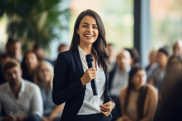Corporate business woman giving a presentation at a professional conference seminar,