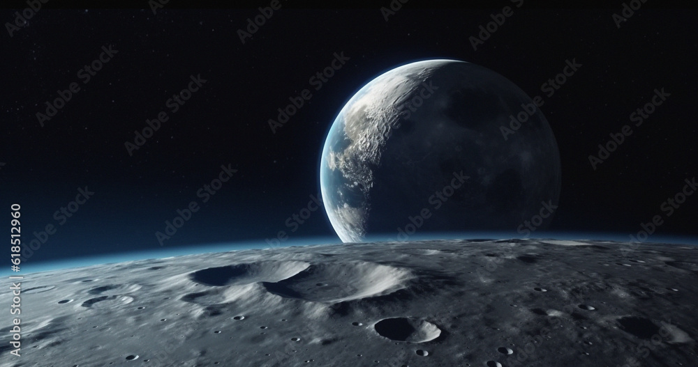 Wall mural moon, ground and world view in space, universe and galaxy for science research, astrology and planet