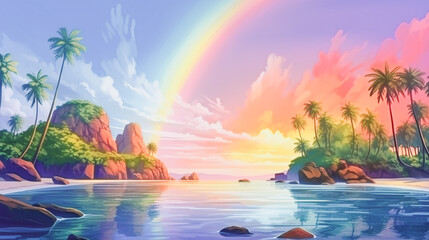 tropical island with rainbow and unspoilt beach generative AI