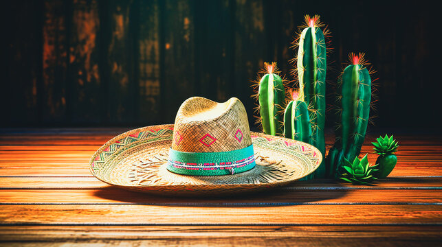 cinco de mayo background with mexican cactus and sombrero; generative AI