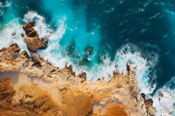 Aerial top drone view of tropical beach coastline and clear blue ocean with waves