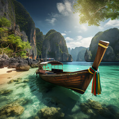 A boat on the ocean shore, with mountains and stunning scenery in the background
