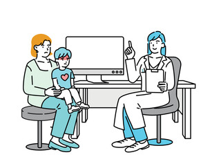 A sick child and his mom seeing a doctor at the hospital.