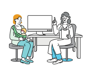 A sick child and his mom seeing a doctor at the hospital.