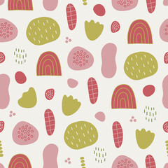 Abstract seamless pattern with geometric shapes, dots on white background
