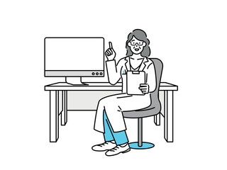 A female doctor sitting in a chair, pointing her finger upward to explain.