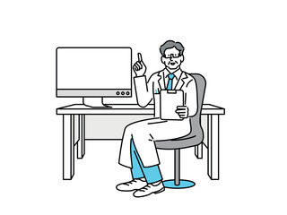 A man sitting in a chair, pointing his finger upward, explaining.