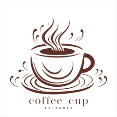 Coffee shop logo template, natural abstract coffee cup with steam, coffee house emblem, creative cafe logotype, modern trendy symbol design vector illustration isolated on white background sign.