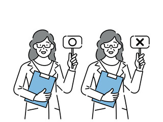 A doctor standing up front, holding O and X cards and explaining.